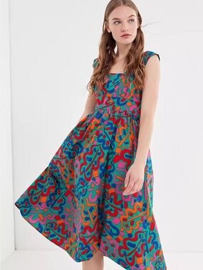 Urban Outfitters Teal Multi Abstract Midi Dress